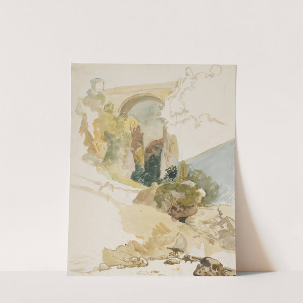 Akvarelstudie af landskab med en bro over en kløft by Wilhelm Marstrand