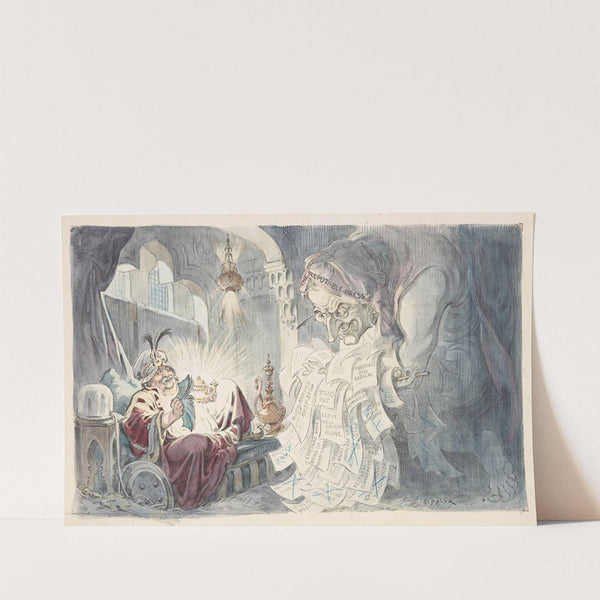 Aladdin-like figure wearing hat of ‘Vested Interests’ lounges on an ottoman by Udo Keppler