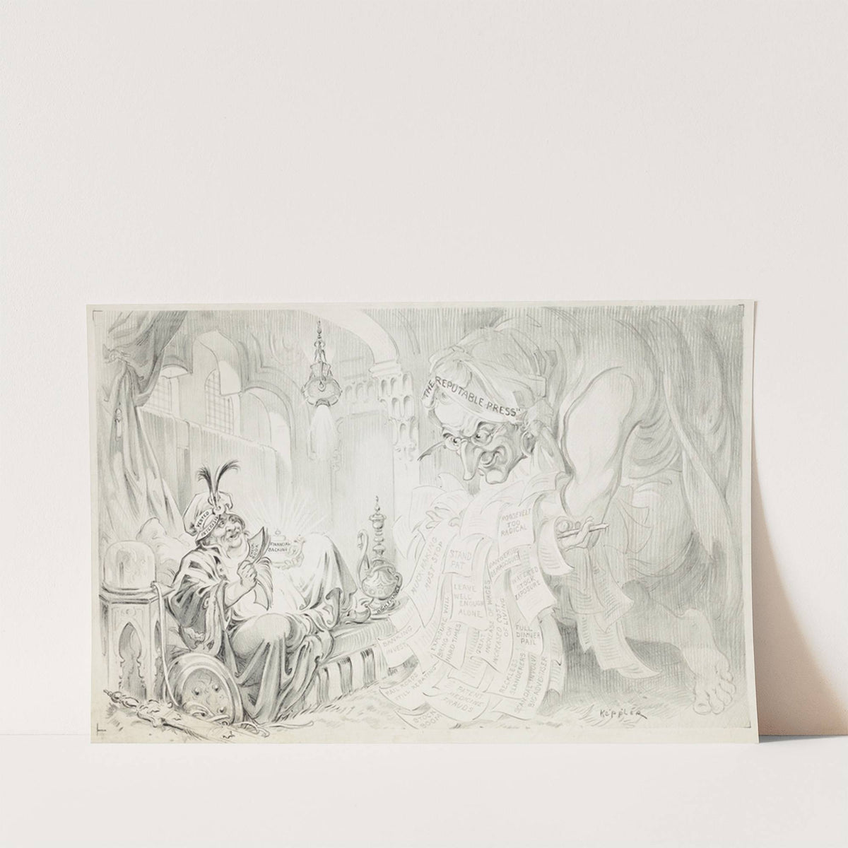Aladdin-like figure wearing hat of ‘Vested Interests’ lounges on an ottoman. by Udo Keppler