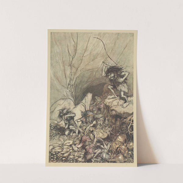 Alberich drives in a band of Niblungs laden with gold and silver treasure (1910) by Arthur Rackham