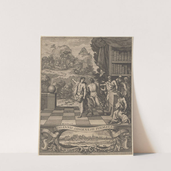 Allegorical female figure points young man to Mount Parnassus (1654) by François Chauveau