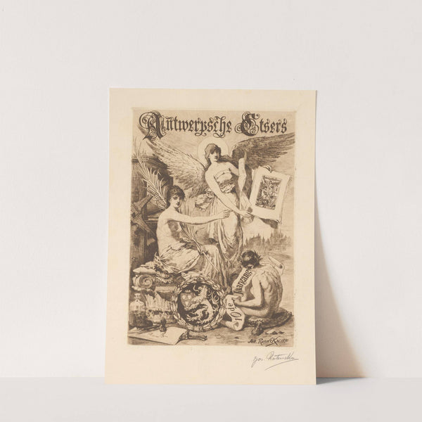 Allegorical figure with wings shows prints amid graphic attributes (1890) by Jos Ratinckx