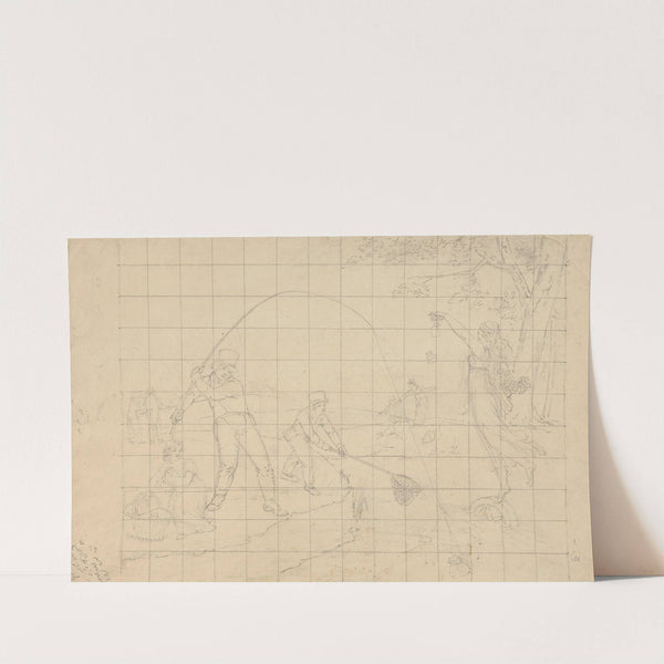 Allegorical scene in which goddesses offer packets to fisherman, who eagerly use their lines and nets to catch them by John Rubens Smith