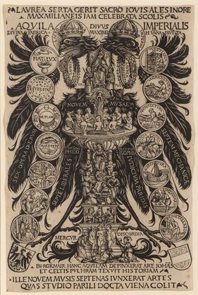 Allegorischer Reichsadler des Konrad Celtis mit den Künsten, dem Musenbrunnen und dem Urteil des Paris