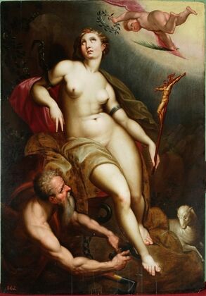 Allegory of Christian patience with Chronos breaking the chains