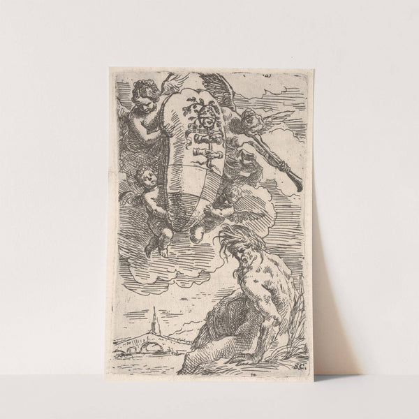 Allegory of the Foglia River and the city of Pesaro’s coat of arms, frontispiece for ‘Il Pesarese’ (1639) by Simone Cantarini