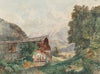 Alpenlandschaft mit Bauernhaus und Frau am Brunnen (1860)