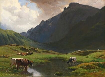 Alpine Landscape With Cows And Goats