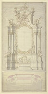 Altarentwurf; Rechts und links von der Rahmung für das Altarblatt stehen die beiden Johannes, zu Füßen der Säulen rechts und links sitzt je eine allegorische weibliche Gestalt