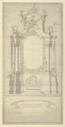 Altarentwurf; Rechts und links von der Rahmung für das Altarblatt stehen die beiden Johannes, zu Füßen der Säulen rechts und links sitzt je eine allegorische weibliche Gestalt