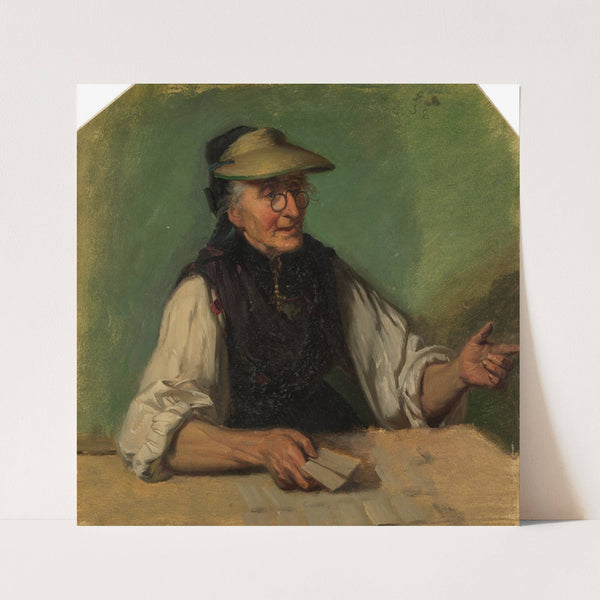 Alte Schwarzwälderin mit Augenschirm und Spielkarten in der rechten Hand, hinter einem Tisch sitzend by Johann Baptist Kirner