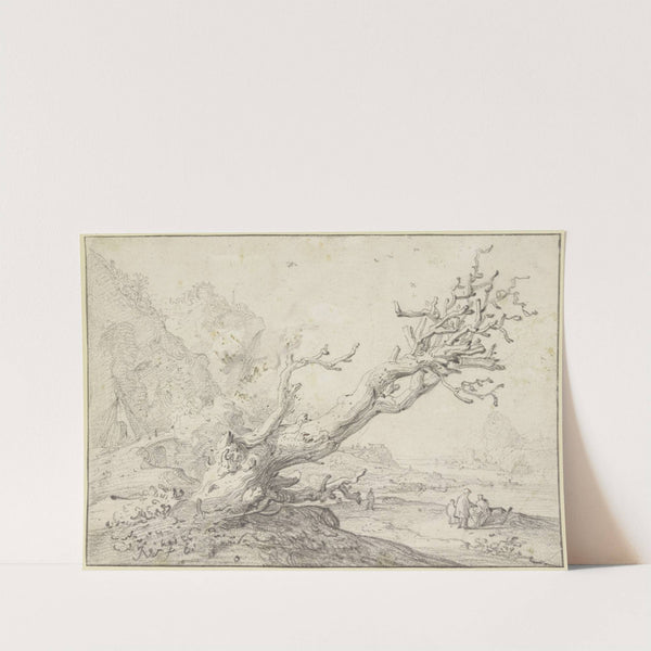 Alter dürrer Baum querüber nach rechts hängend, im Hintergrund eine Flußgegend mit mehreren Figuren by Jan Weenix