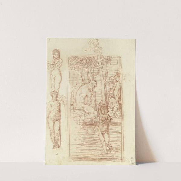 Alter Mann und Kinder, daneben weibliche Aktstudien und Skizze eines Reiters by Hans Von Marées