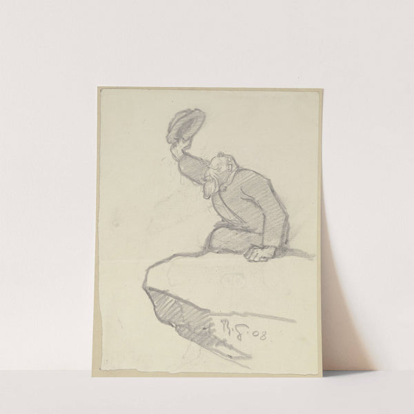 Alter Mann, von einem Felsvorsprung seinen Hut zum Gruße hebend by Rudolf Gudden