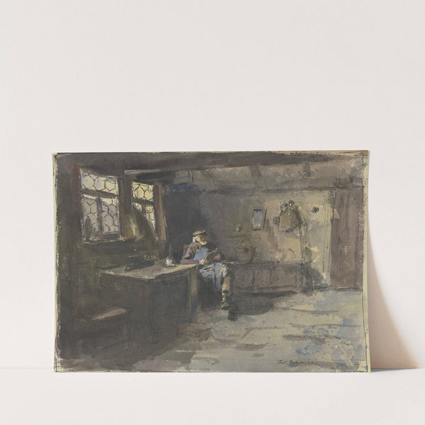 Alter sitzender Mann in einfachem Wohnraum lesend by Ferdinand Balzer