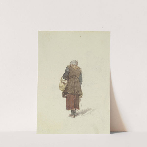 Altes Frau, einen Korb am Arm und einen Stock in der Hand von hinten gesehen by Jakob Fürchtegott Dielmann