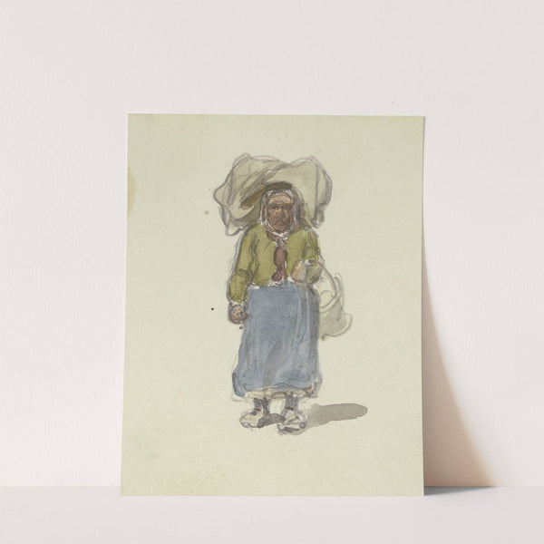 Altes Frau, einen Sack auf dem Kopf und einen Korb am Arm, von vorne gesehen by Jakob Fürchtegott Dielmann