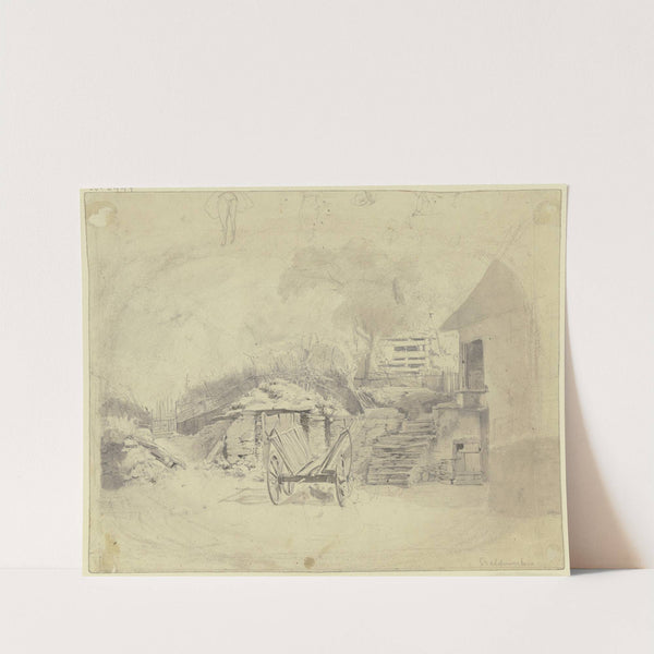 Altes Gemäuer mit Treppe, links ein Zaun mit Tür, in der Mitte vorne ein Leiterwagen by Jakob Fürchtegott Dielmann