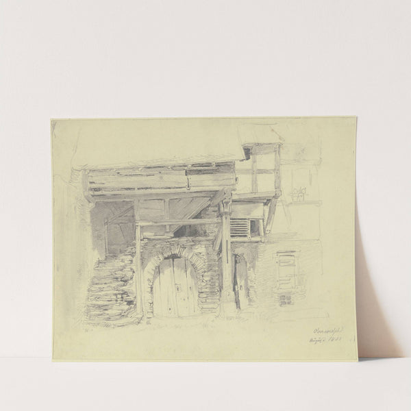 Altes Haus, Kellertor unter einer Treppe, die in einen Holzbau mit einer Säule führt by Jakob Fürchtegott Dielmann