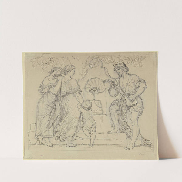 Am Brunnen spielt ein Jüngling zwei Mädchen und einem Kind auf der Laute vor by Gustav Kaupert