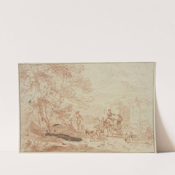 Am Saum eines Waldes lagern Jäger, dabei ein Hirte und eine Hirtin auf einem Esel mit zwei Schafen und einer Ziege by Nicolaes Pietersz. Berchem