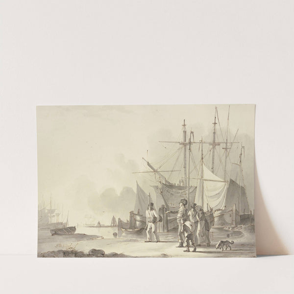 Am Strand liegen viele Schiffe, ein Schiffskapitän in Uniform geht nach links mit mehreren Personen und einem Hund by Leendert de Koningh