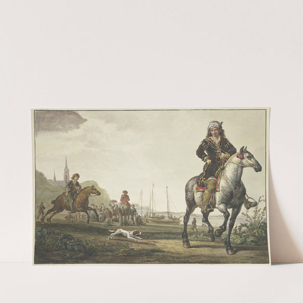 Am Ufer eines Flußes sitzt viel Volk bei den Schiffen, vorne rechts ein reich gekleideter Reiter mit einem Turban, links galopiert ein zweiter by Jacob van Strij