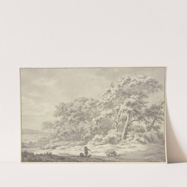 Am Waldesrand einige Schafe, vorn zwei Hirten und ein Hund by Franciscus Andreas Milatz