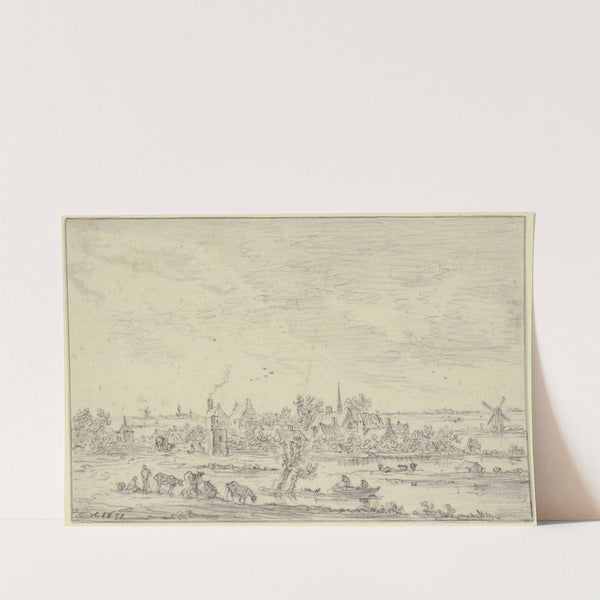 Am Wasser ein Dorf, vorn Hirten mit Vieh, auf dem Wasser ein Kahn, rechts eine Windmühle by Jan van Goyen