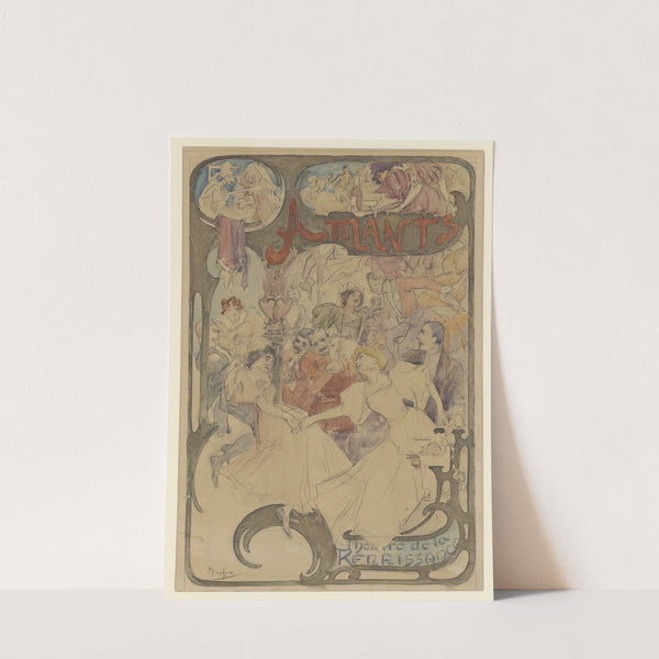 Amants maquette d’affiche hommes et femme entourant des musiciens (1895) by Alphonse Mucha