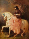 Amazone au petit canotier, veste rouge, jupe rose, une cravache sur un cheval gris aux rubans bleus