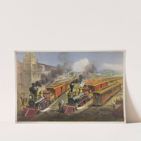 American railroad scene; lightning express trains leaving the junction (1874) by Currier & Ives.