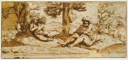 Amor, Playing the Flute, and Silen in an Arcadian Landscape