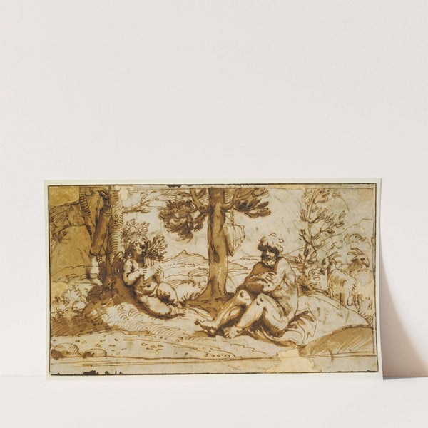 Amor, Playing the Flute, and Silen in an Arcadian Landscape (ca. 1597 – 1600) by Annibale Carracci