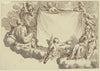 Amoretten halten ein Tuch, rechts Minerva, links Herkules und Mars