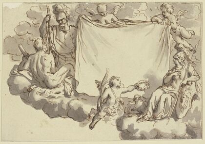 Amoretten halten ein Tuch, rechts Minerva, links Herkules und Mars