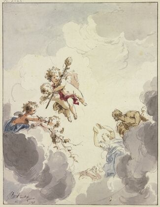 Amoretten mit einem Thyrsusstab und Bacchanten in Wolken