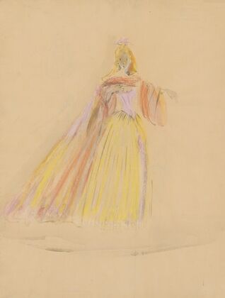 Amphitryon – maquette de costume – robe jaune, cape rouge (1947) — size preview