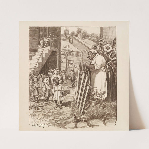 An African American woman talks angrily to an African American boy, who is in the street with a group of white children. (1900) by William Henry Walker