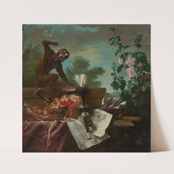 An Allegory of Air; a musical still life with a monkey blowing bubbles, a musette, a flute and music scores by Jean-Baptiste Oudry