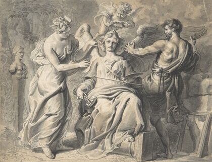 An Allegory of the Arts with Isis and Geometry Attending the Three-headed Figure of Painting and Sculpture, a Putto Crowning her with Laurels