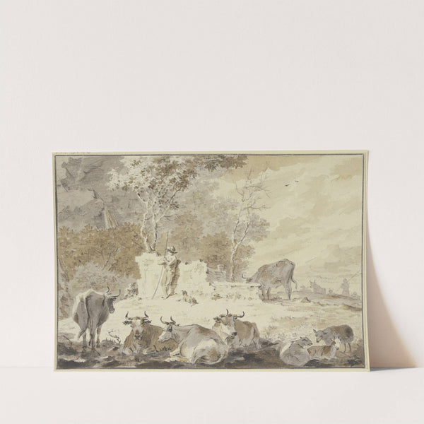 An altem Gemäuer steht links ein Hirte mit seinem Hund, umgeben von verschiedenem Vieh by Cornelis van Noorde