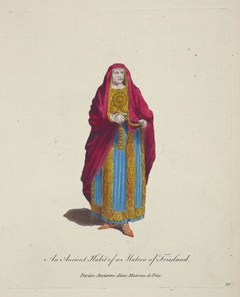 An ancient habit of a matron of Friesland. Parûre ancienne d’une matrone de Frise. (1757-1772)
