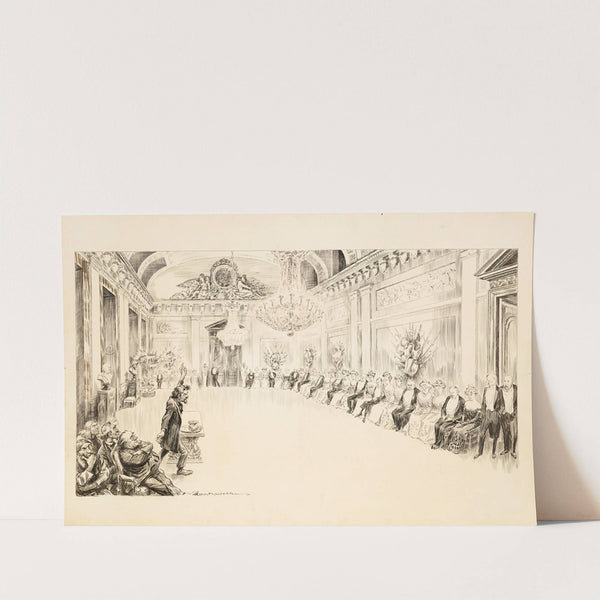 An angry man speaks to a row of seated wealthy men and women in a fancy ballroom. (1907) by William Henry Walker