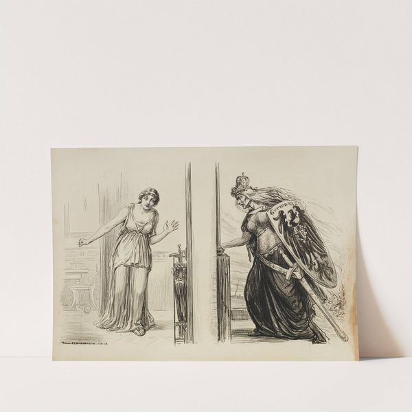 An angry old woman in armor, representing Germania, tries to break into the room of a scared young woman (1918) by William Henry Walker