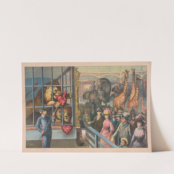 An animal keeper feeding raw meat to lions in a circus cage as spectators watch (1891) by Calvert Litho. Co