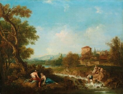 An Arcadian landscape with figures near a stream, a village beyond