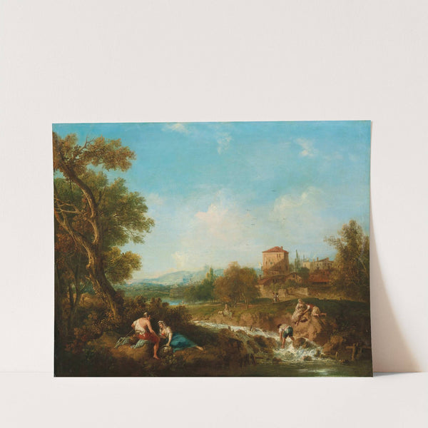 An Arcadian landscape with figures near a stream, a village beyond by Francesco Zuccarelli