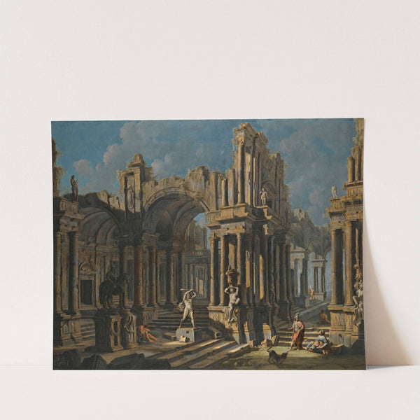 An Architectural Capriccio With A Statue Of Hercules And Figures In Classical Costume by Pietro Capelli