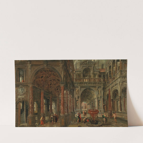 An architectural capriccio with a view of an imaginary classical palace and elegant figures by Paul Vredeman de Vries